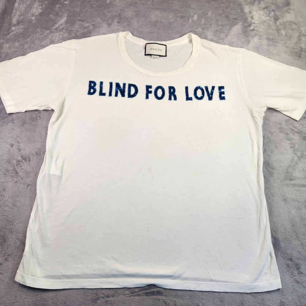 Authentic Gucci Blind For Love Blue Sequin Embroidered White Cotton T-ShirtL